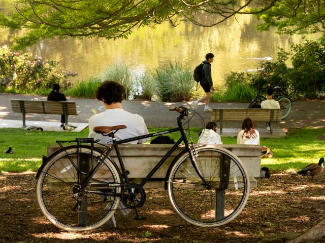 bike and student on bench in summer
